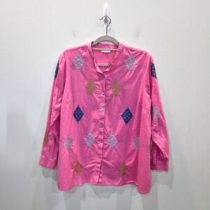 J. Jill Button Down Tunic Shirt Pink Embroidered Diamond 100% Cotton Sz M Petite